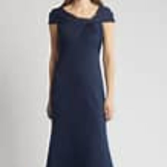 Eliza J New Navy Blue Wrap Neckline Scuba Crepe Maxi Trumpet Gown Dress Size 8 - Picture 14 of 14